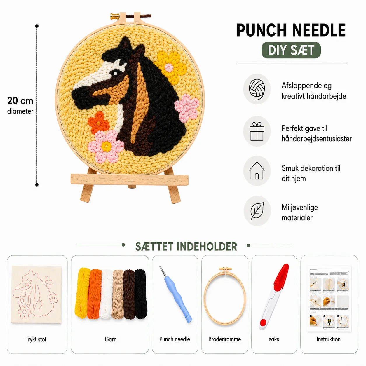 Craftsy.dk Blomsterhest punch needle sæt 20 cm med ramme