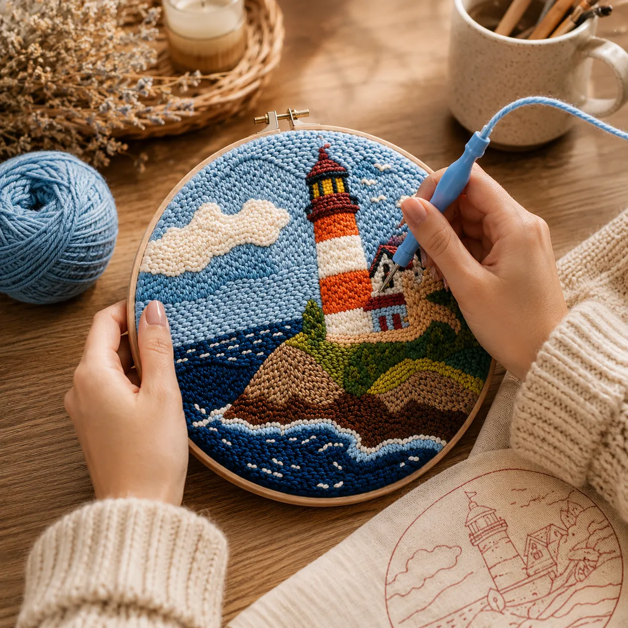 Craftsy Punch Needle Fyrtårn ved Havet broderisæt 20 cm maritim