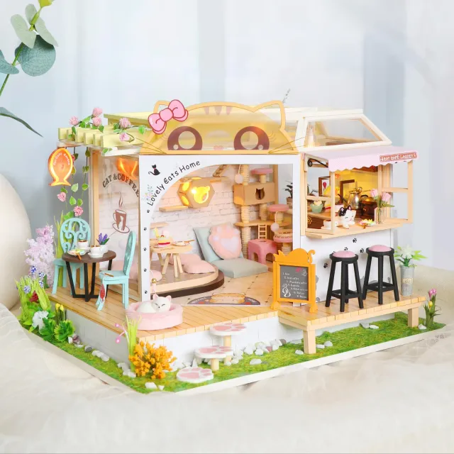 Craftsy Katte Café miniature diorama DIY byggesæt med LED-lys