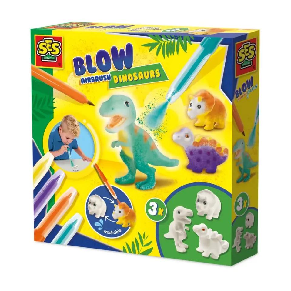 SES Creative Blow Airbrush blæsepenne dinosaurer 3 stk vaskbar