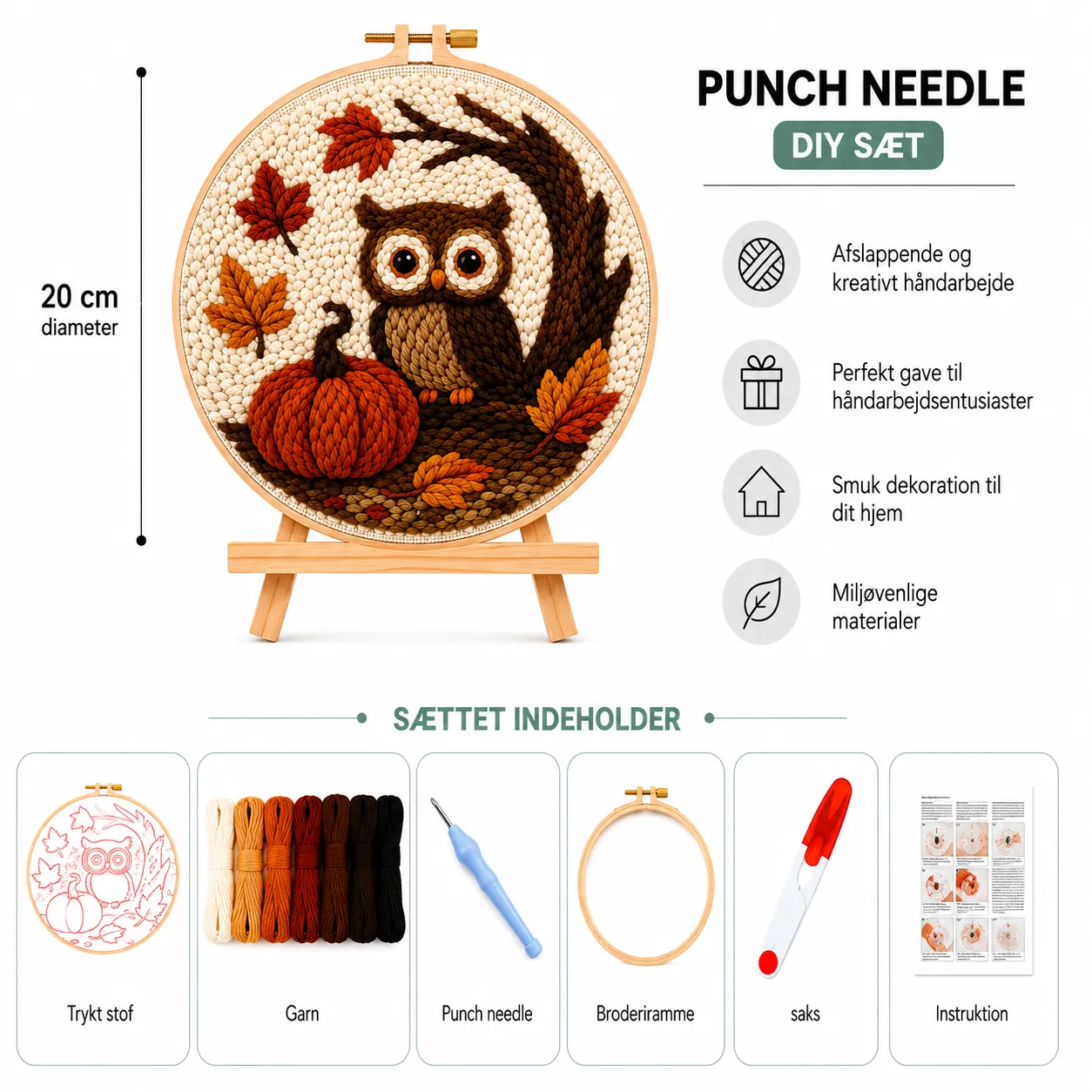 Craftsy Ugle med Græskar punch needle sæt 20 cm efterår