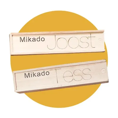 MooiHout Mikado med navn mikadospil trææske