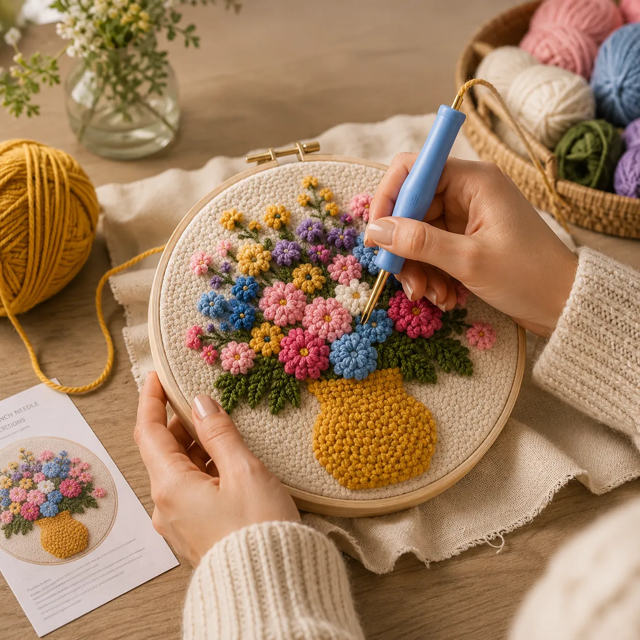 Craftsy Blomsterbuket punch needle sæt 20 cm gul vase
