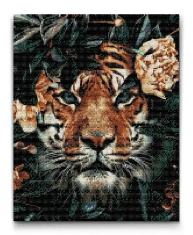 Road2Art Tiger i Blomster diamond painting 40x50 cm runde