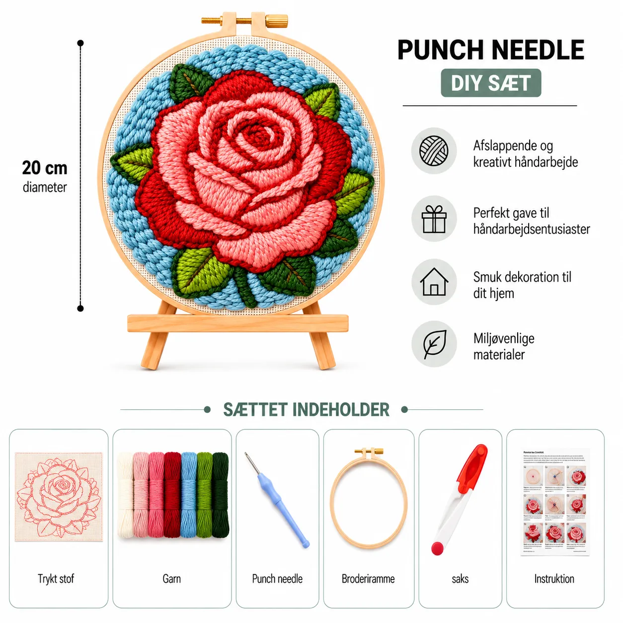 Craftsy Smuk Rød Rose punch needle sæt 20 cm til begyndere